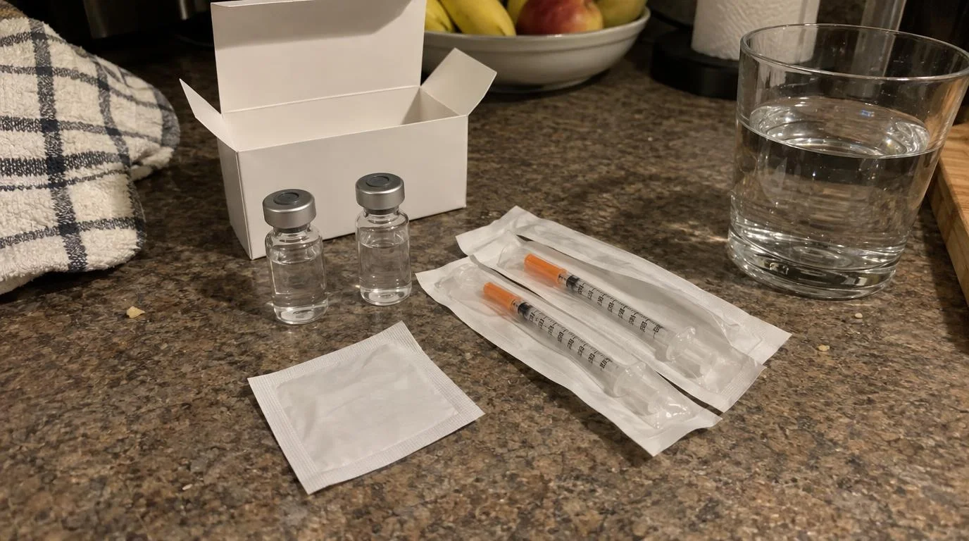 Two small unlabeled glass vials, wrapped syringes and an alcohol swab on a kitchen counter next to a glass of water