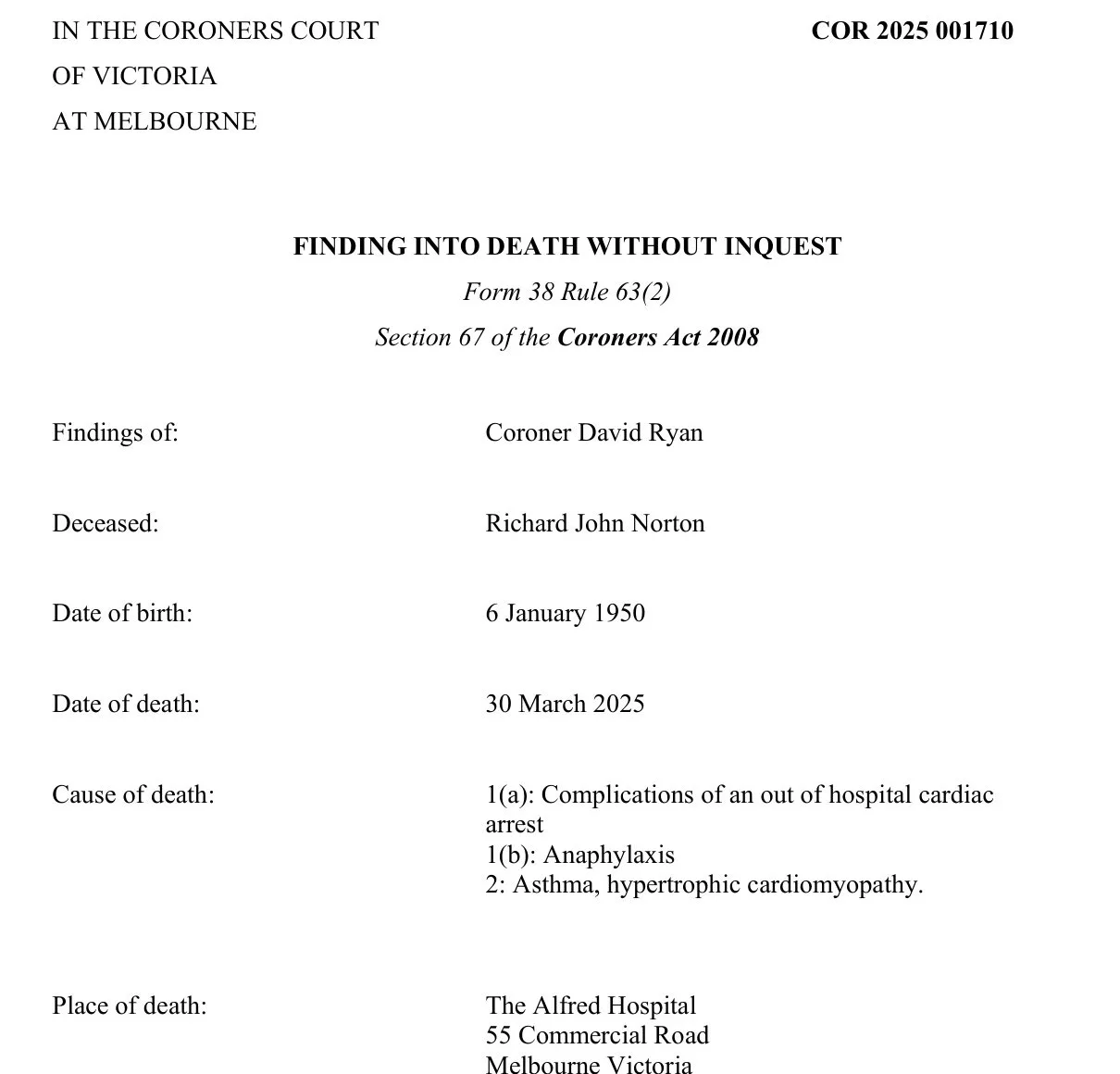 First page of a Coroners Court of Victoria finding listing Richard John Norton, his dates of birth and death, and the cause of death