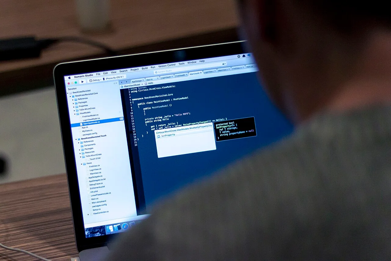Person working on programming code displayed on a laptop