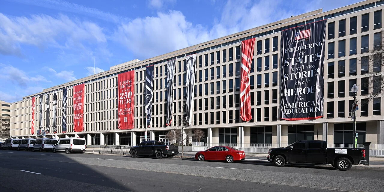 The Education Department's headquarters in Washington with large anniversary banners across its facade.