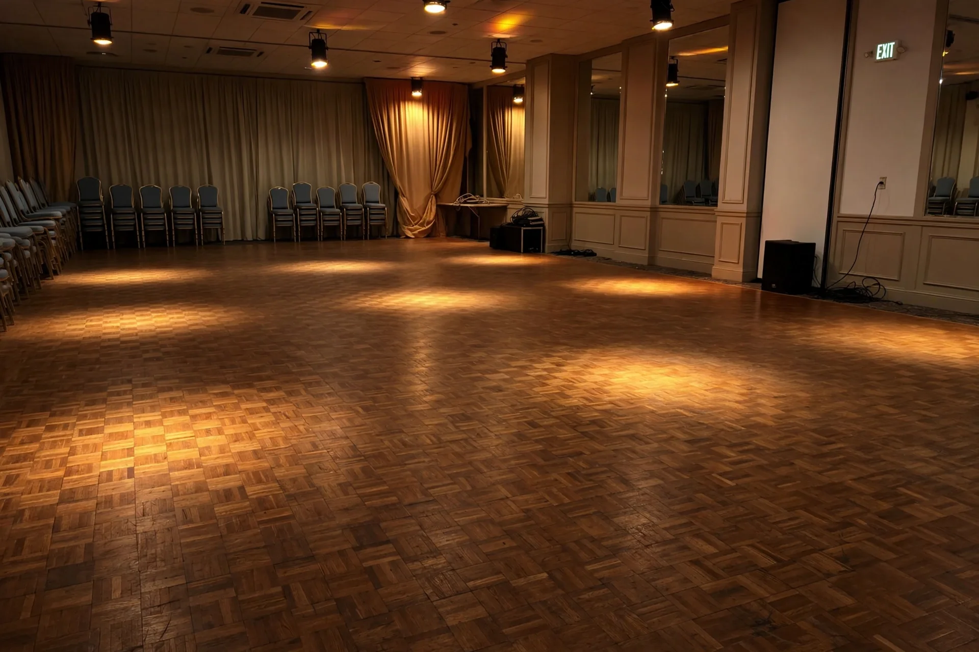An empty wooden dance floor under warm spotlights, with chairs and curtains around the room.