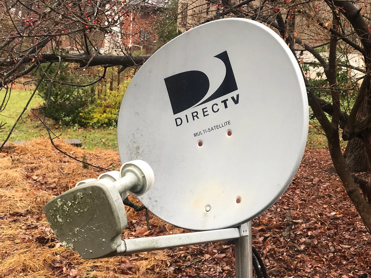 A white DirecTV satellite dish mounted on a pole among trees and fallen leaves outside a house