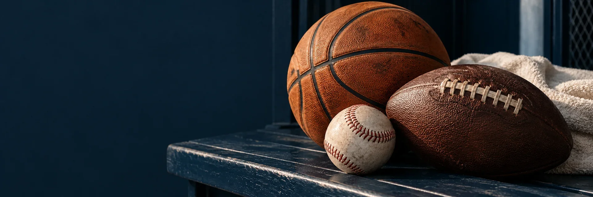 A basketball, an American football and a baseball on a dark blue bench