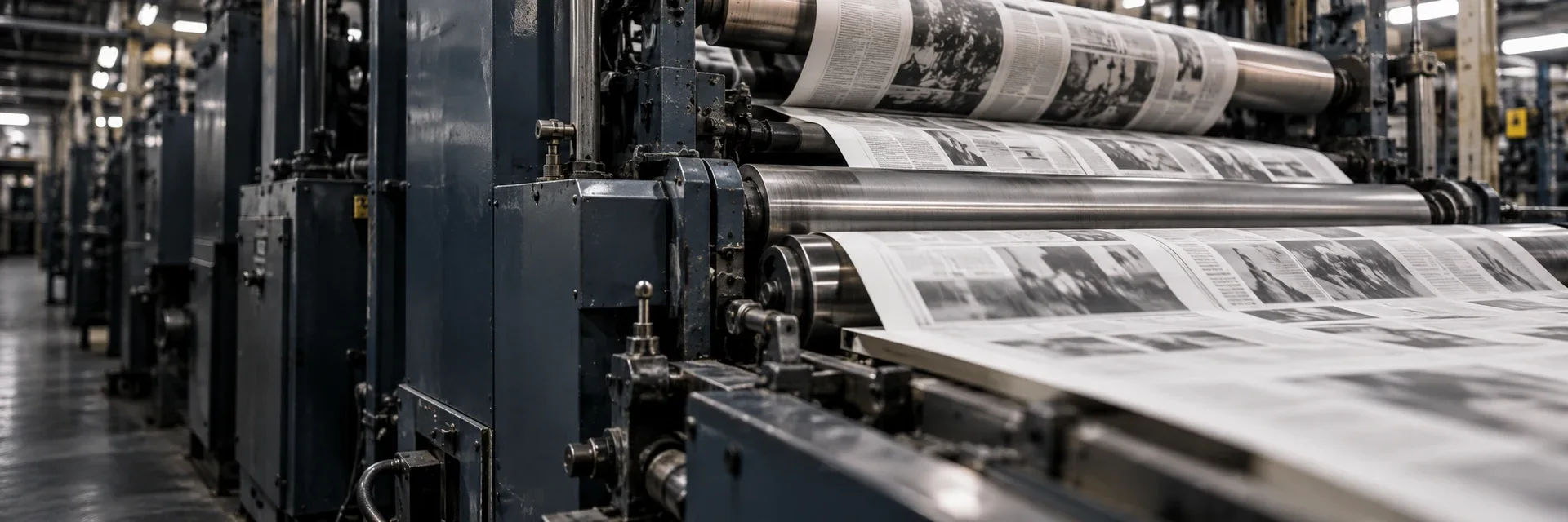 Newspaper pages moving through the rollers of a printing press