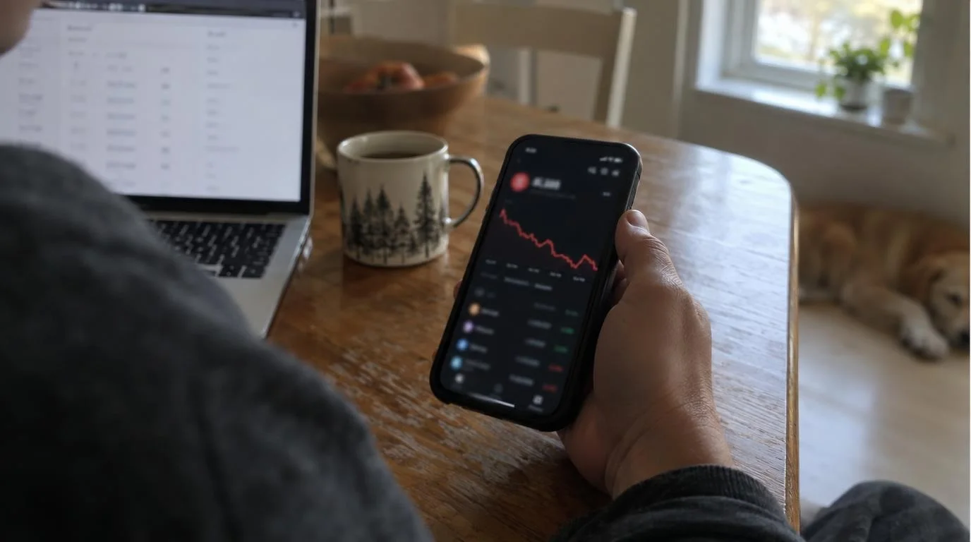A person at a kitchen table holds a phone showing a crypto price chart falling in red, with a laptop and coffee mug nearby