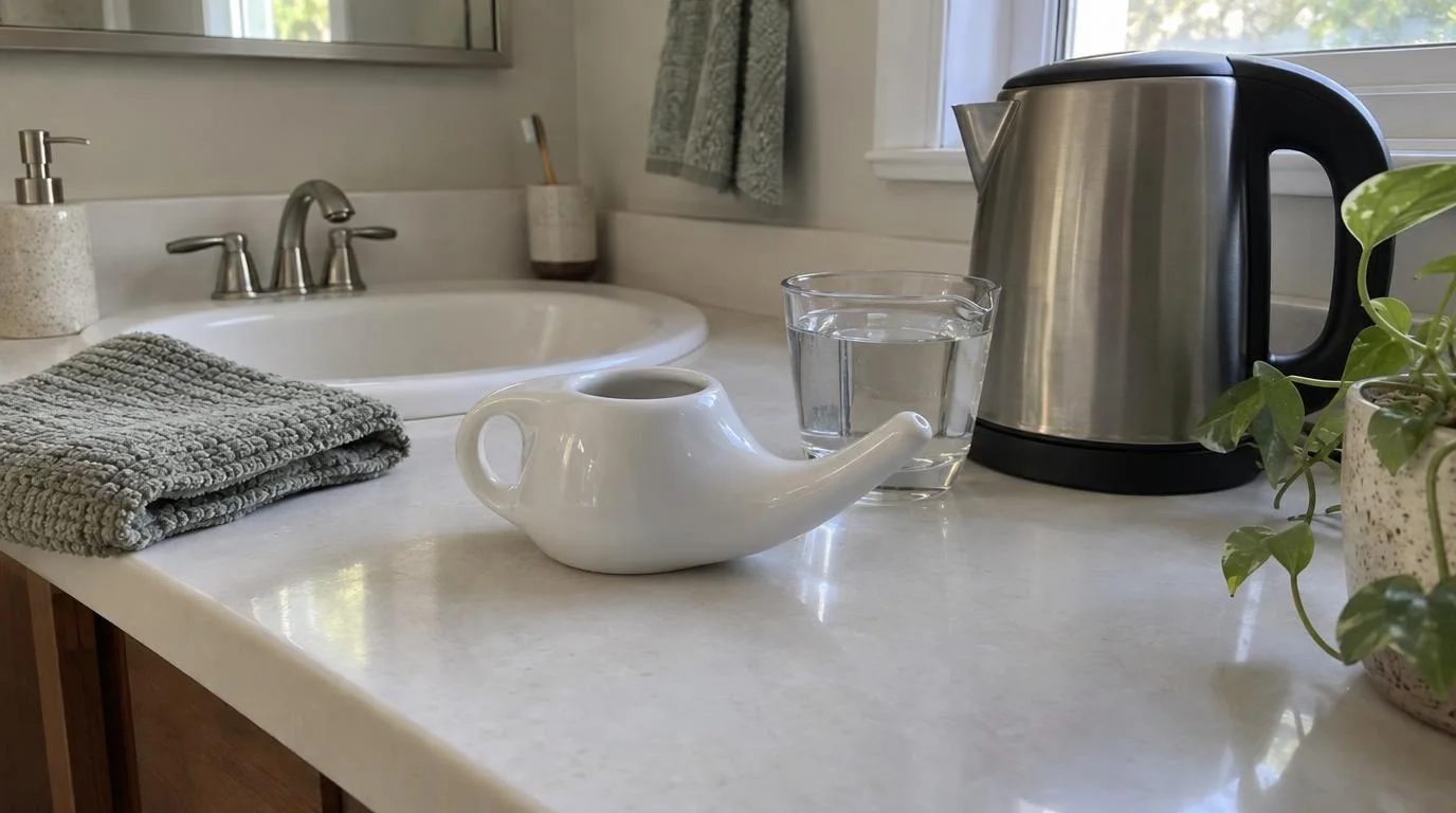 A white ceramic neti pot on a bathroom counter beside a glass of water and an electric kettle