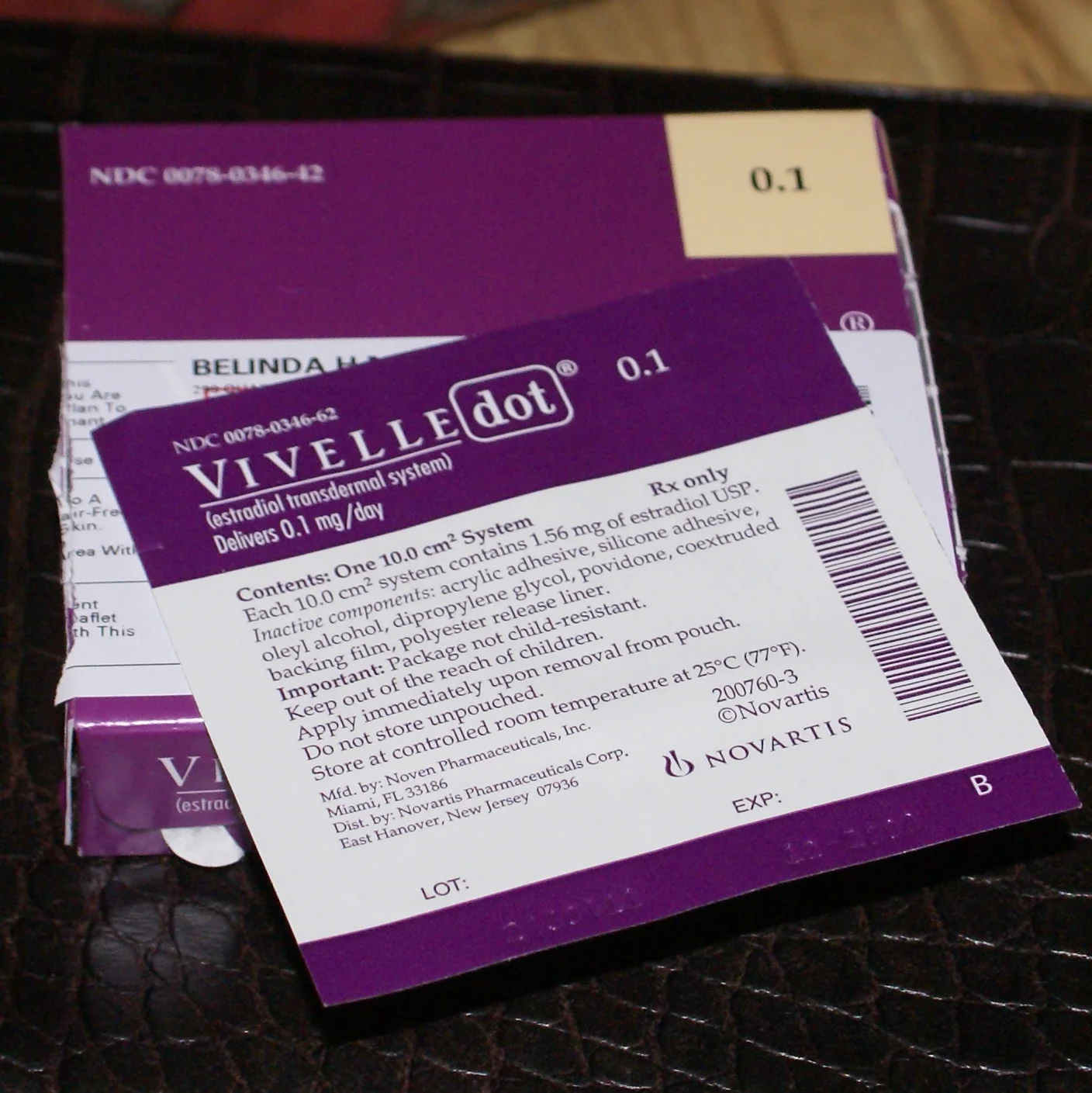 A Vivelle-Dot estradiol patch pouch and packaging in an archival photograph.