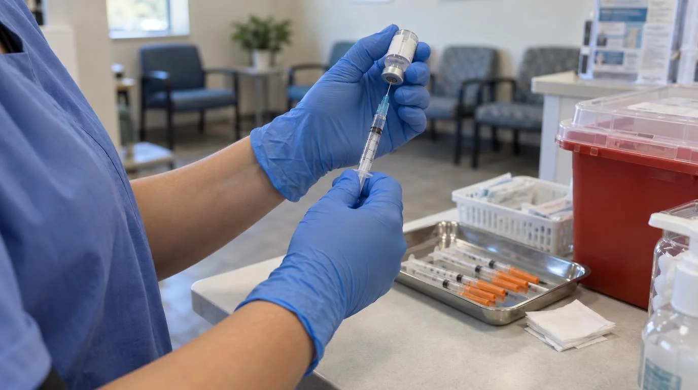 A nurse in blue gloves draws a vaccine dose from a small vial into a syringe at a clinic counter, with a tray of prepared syringes nearby