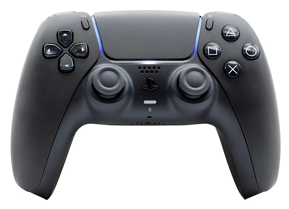 Front view of a black PlayStation 5 DualSense controller