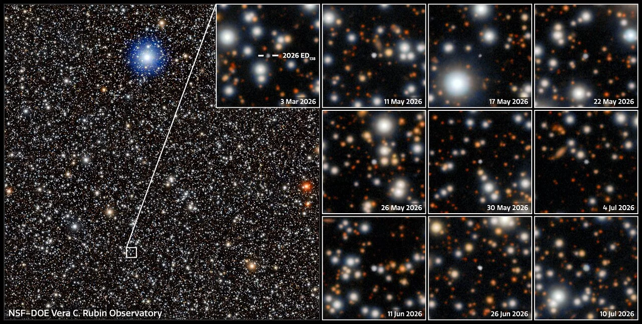 A wide star field with a small box marked, beside eleven close-up frames dated March to July 2026 showing a faint dot that changes position