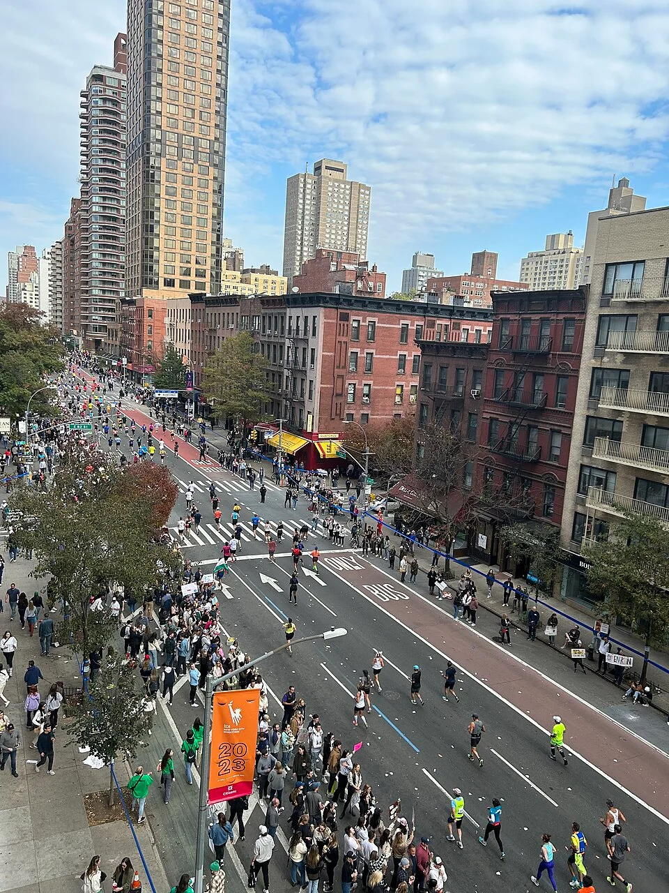 View from above of runners heading up First Avenue in Manhattan, with crowds of spectators along both sidewalks