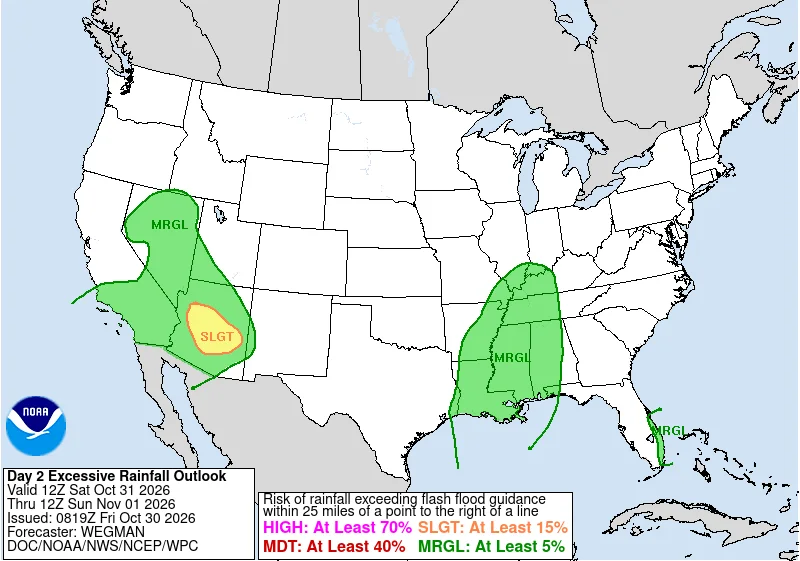 Weather Prediction Center map of the US showing a marginal flash flood risk across parts of the Southwest, Lower Mississippi Valley and Florida, with a slight risk area over central Arizona