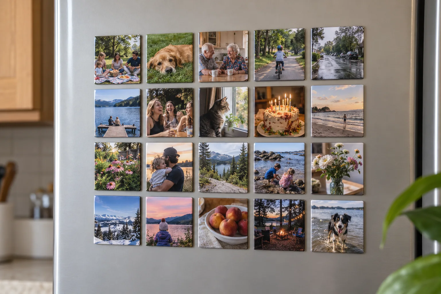 Twenty square photo magnets on a gray refrigerator, with family, pet and travel snapshots.