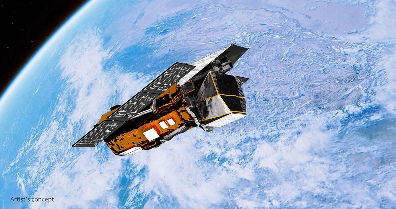 Illustration of the Swift spacecraft with solar panels orbiting above Earth's clouds