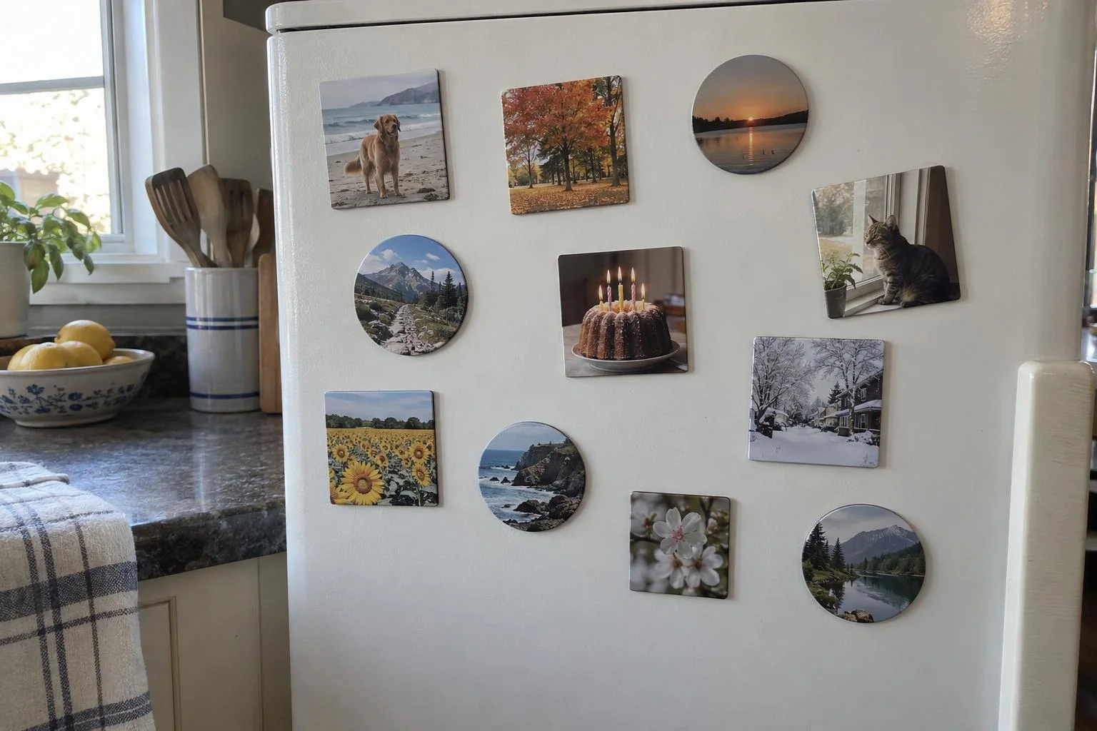 A white refrigerator door covered with small square and round photo magnets showing a dog on a beach, a sunset, a cat, a cake and landscapes