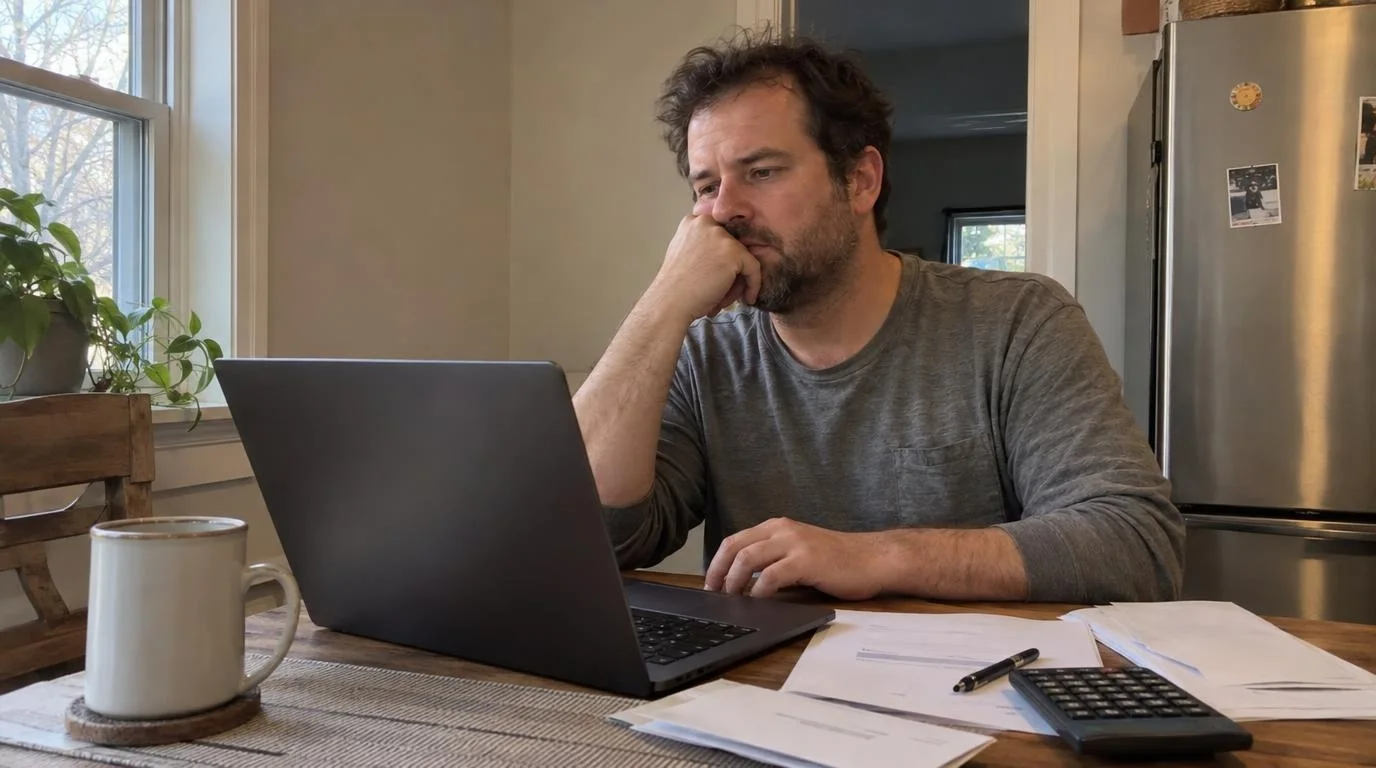 A man at a kitchen table looks at a laptop, with printed papers, a pen, a calculator and a coffee mug beside it