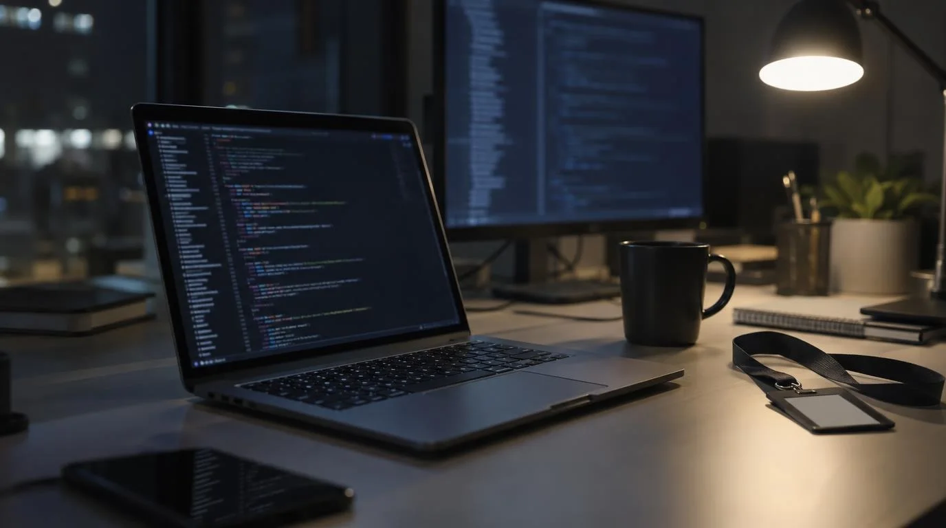 An open laptop showing blurred lines of code on a desk in a dim office at night, with a second monitor, a coffee mug and an ID lanyard
