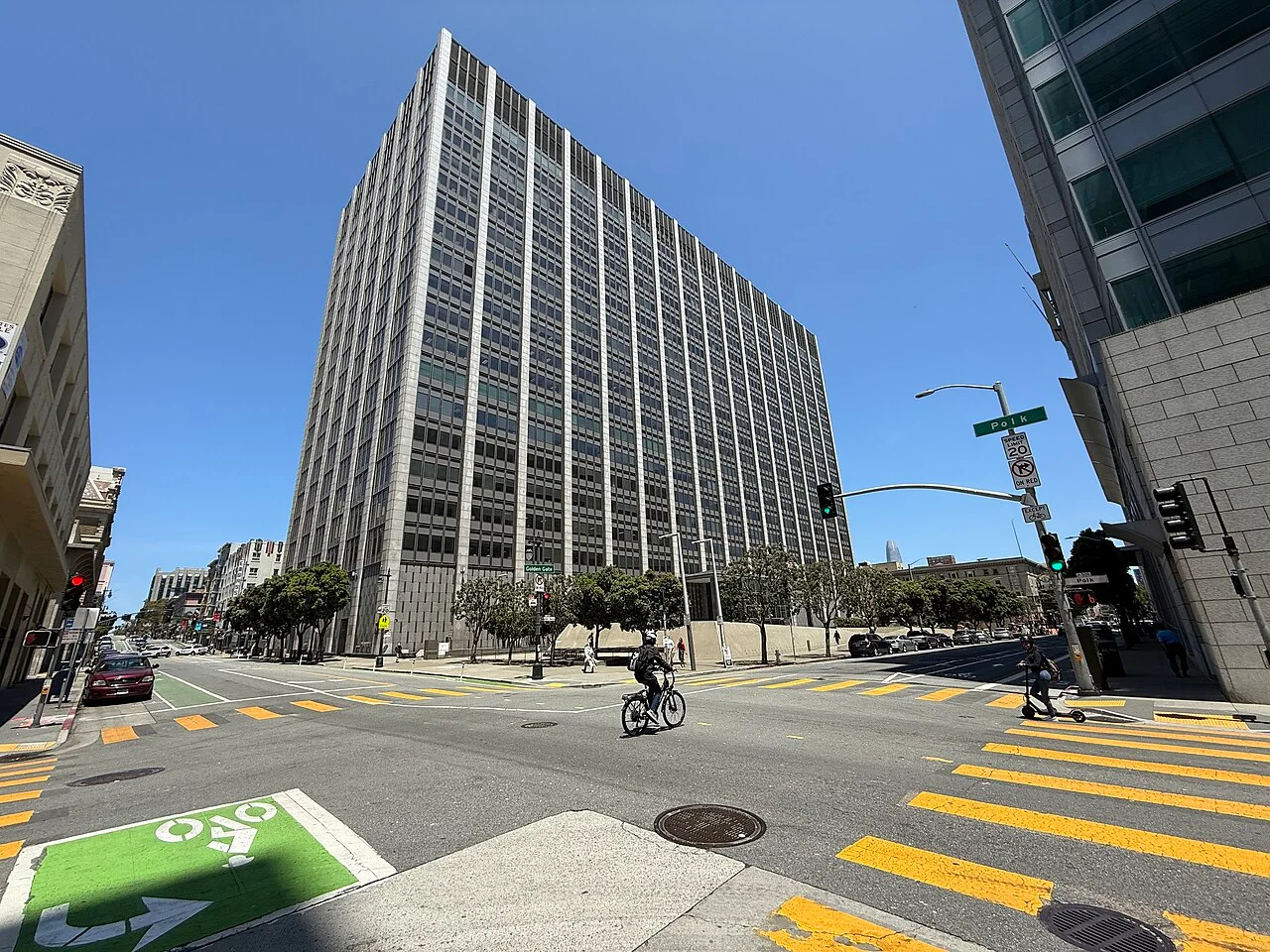 The Phillip Burton Federal Building and United States Courthouse in San Francisco, viewed across a street intersection.