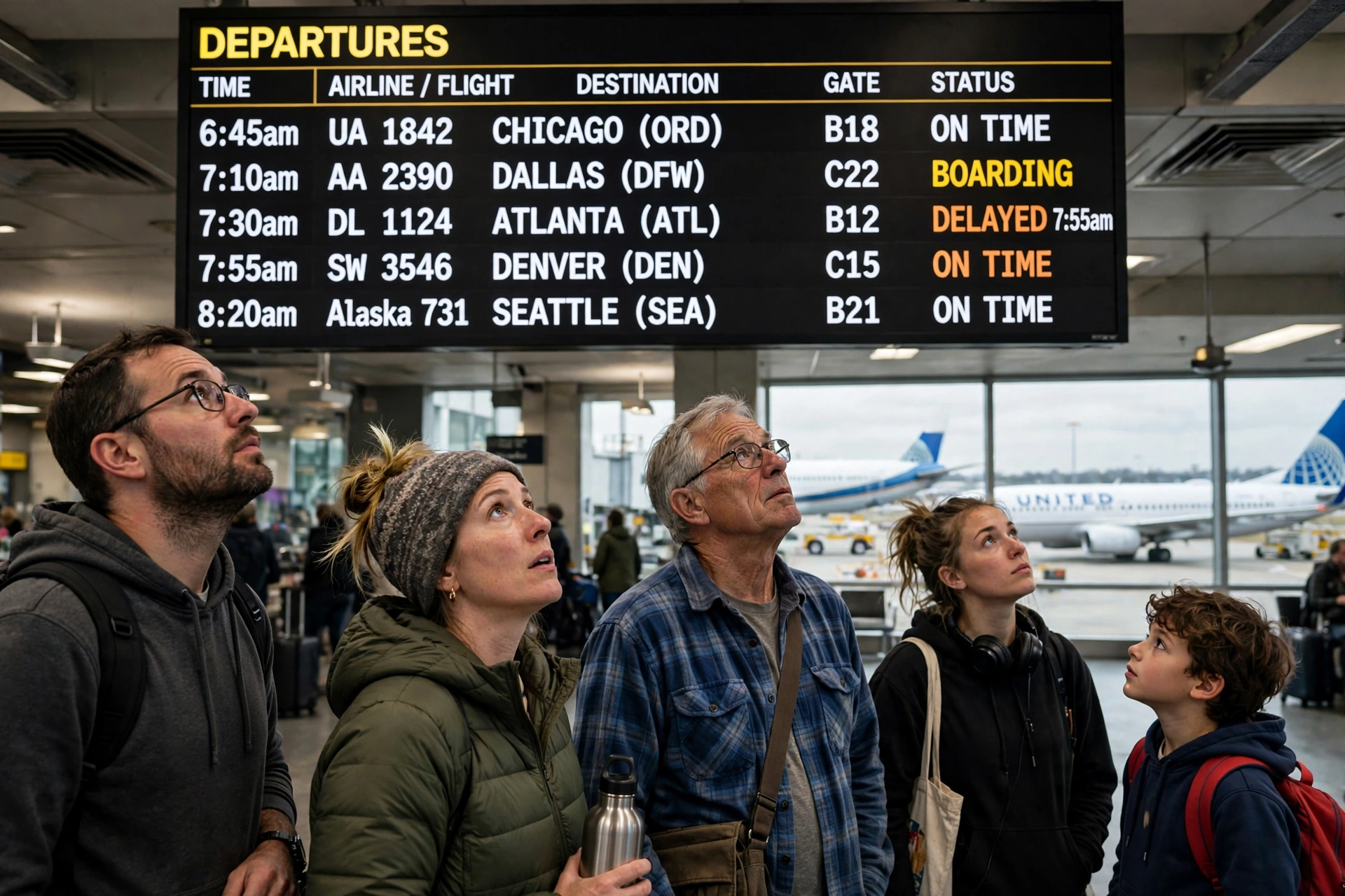Travelers looking up at a departures board showing US flights, with one flight marked delayed.