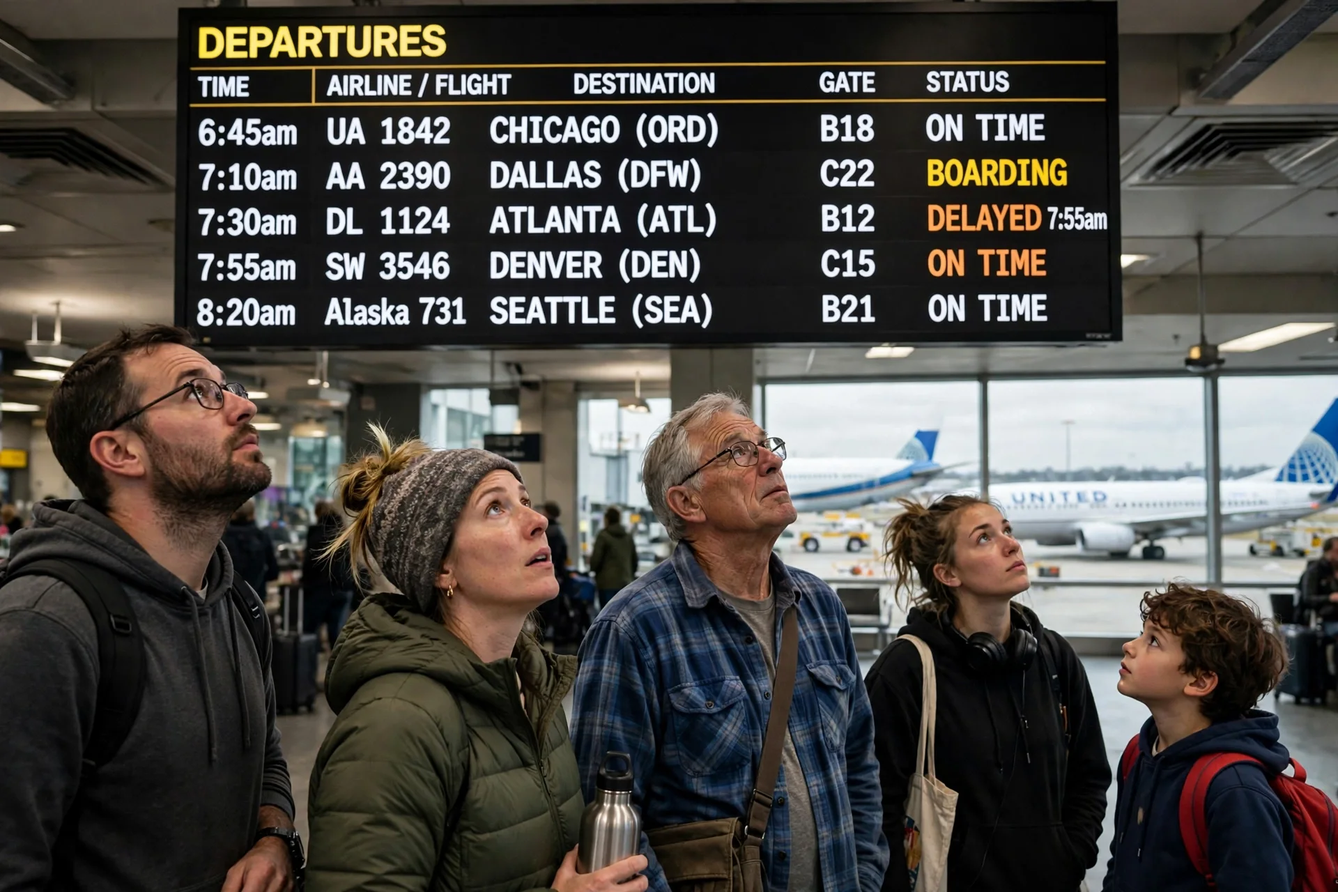 Travelers looking up at a departures board showing US flights, with one flight marked delayed.