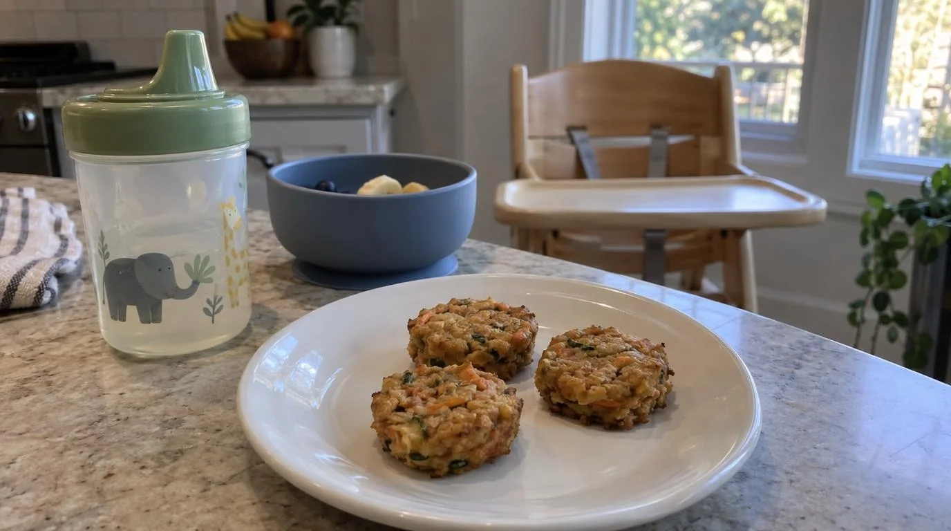 Three round vegetable snack bites on a white plate beside a sippy cup, with an empty wooden high chair by a kitchen window