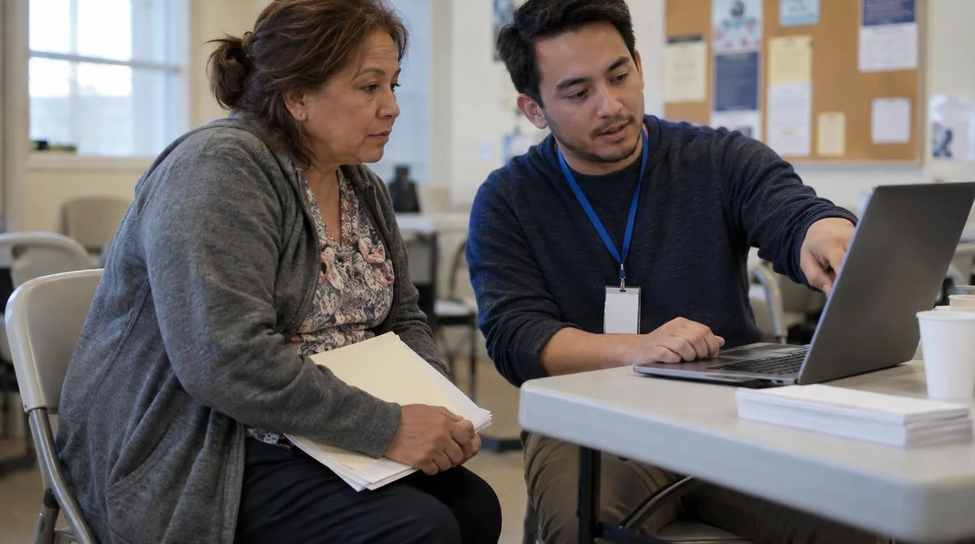 A woman holding a folder of papers sits beside a man wearing a lanyard who points at a laptop on a folding table