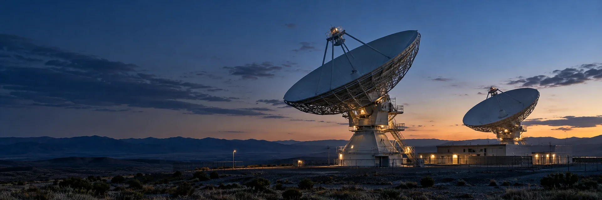 Satellite communications dishes beside a low communications building at dusk