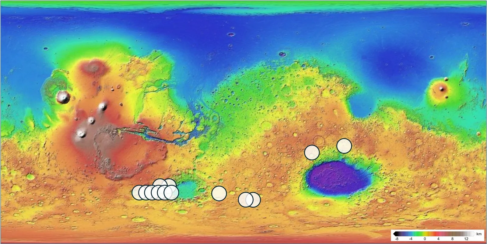 Color-coded elevation map of Mars with white circles marking possible source sites south of the equator