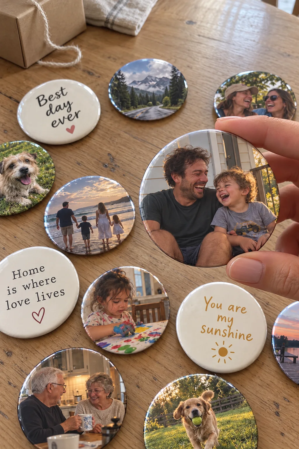 A hand holds a round magnet with a father and child pictured on it, above other round magnets on a wood table.