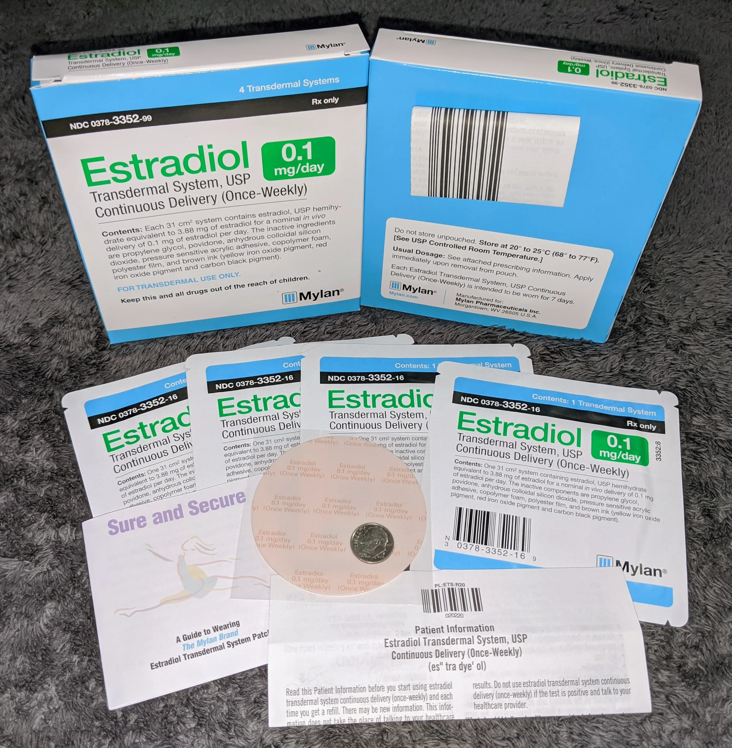 Boxes, pouches and an estradiol once-weekly patch beside a coin.