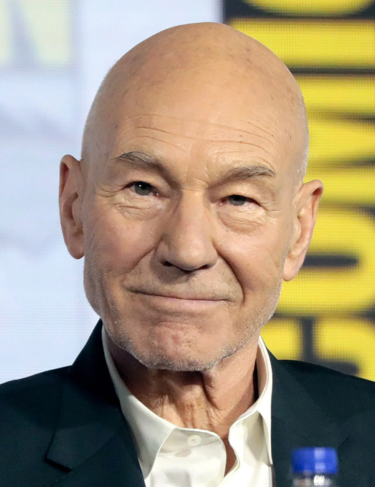Patrick Stewart, bald and smiling slightly, in a dark jacket and white open-collar shirt on a convention panel